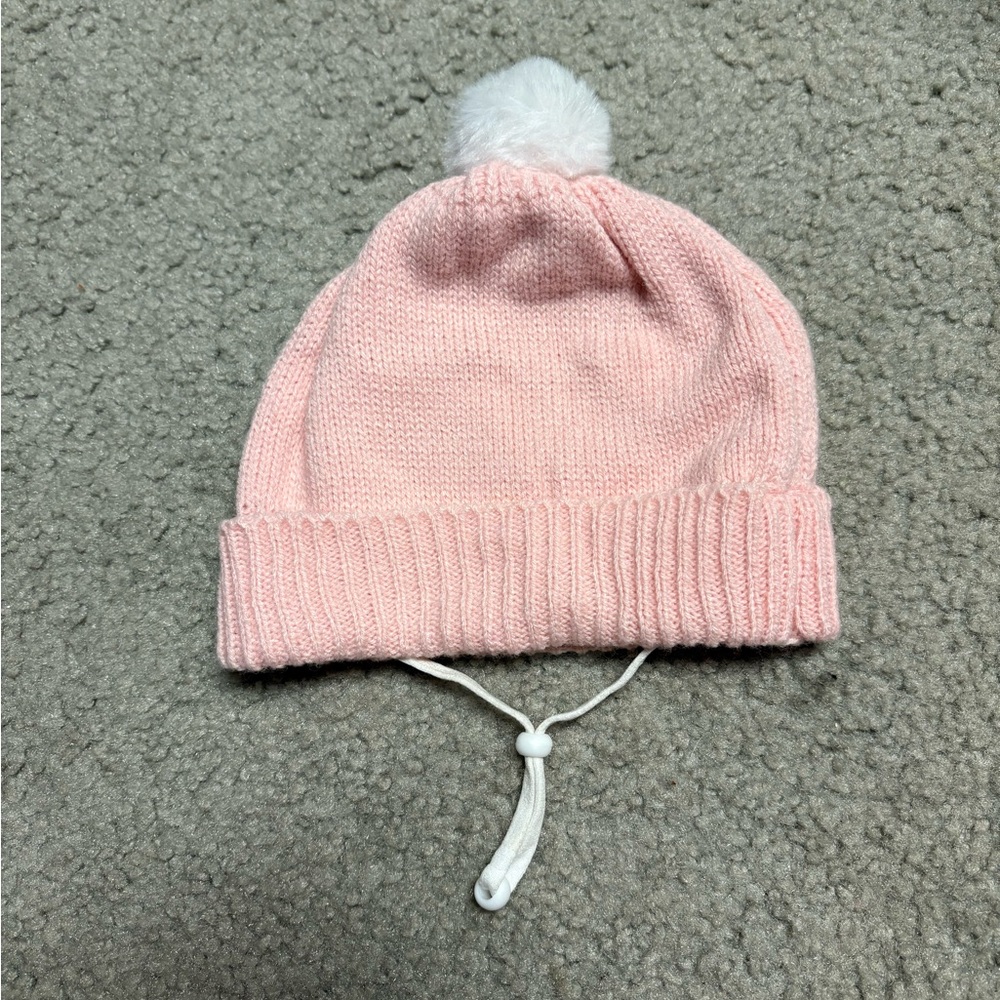 NWOT pink dog beanie with a white pompom on top